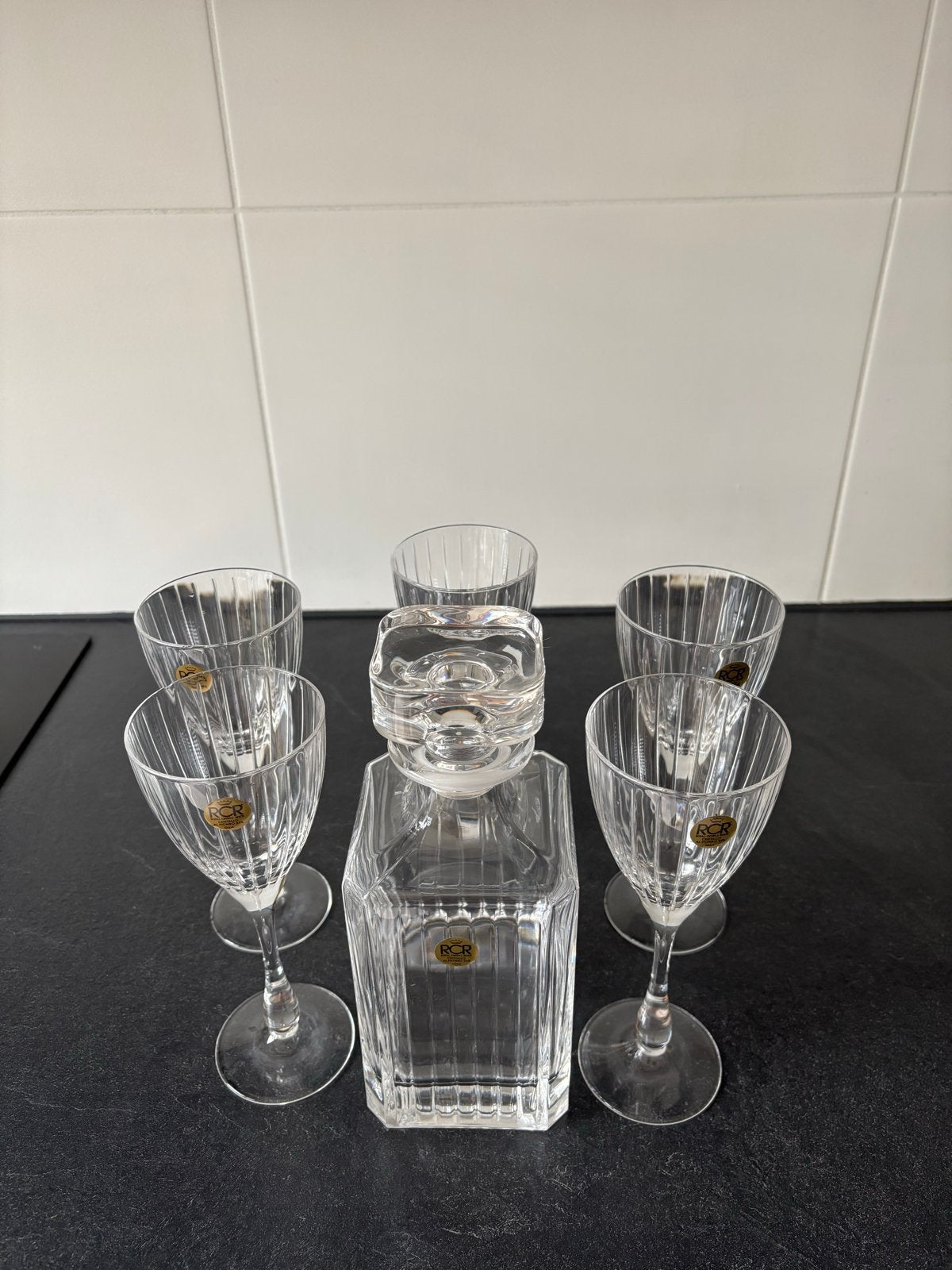 RCR Royal Crystal Rock Karaf met 5 glazen - Cristallo al Pio, Antiek en Kunst, Antiek | Glas en Kristal, Ophalen