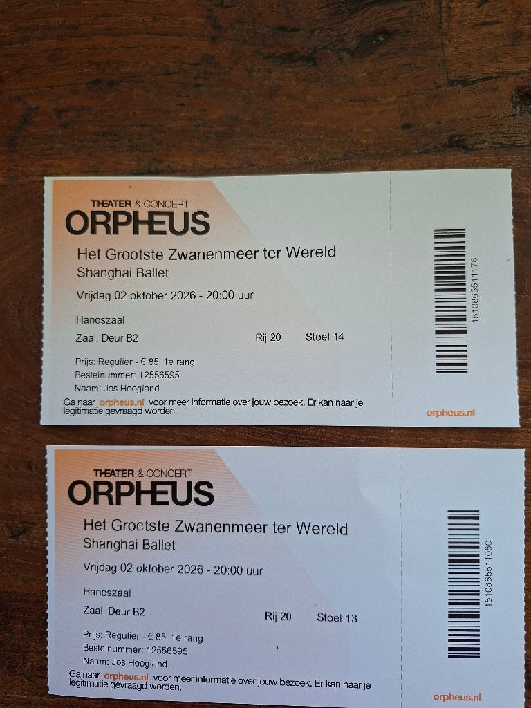2 tickets Zwanenmeer 2-10-26, Twee personen, Oktober, Ballet of Dans