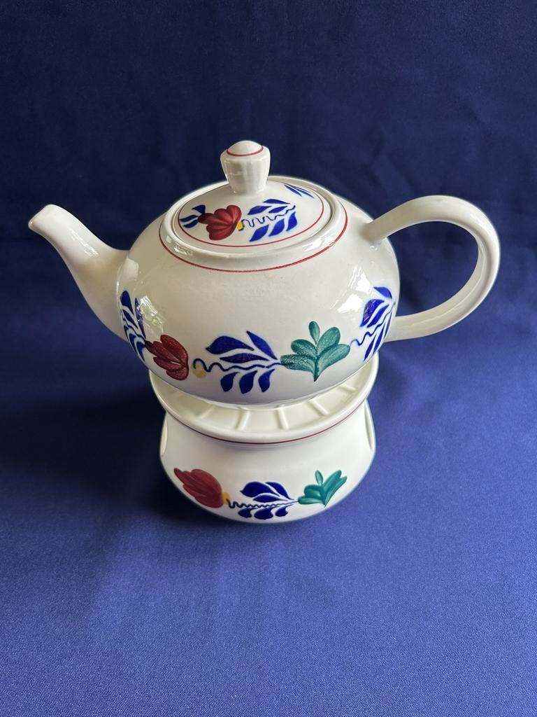 Boerenbont theepot met rechaud, Gebruikt, Overige typen, Ophalen of Verzenden, Aardewerk