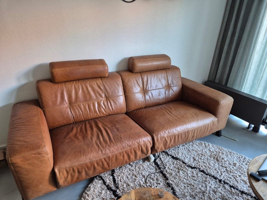 Bankstel cognac leer met 2 relaxfuncties, Ophalen, Driepersoons, Zo goed als nieuw, Rechte bank