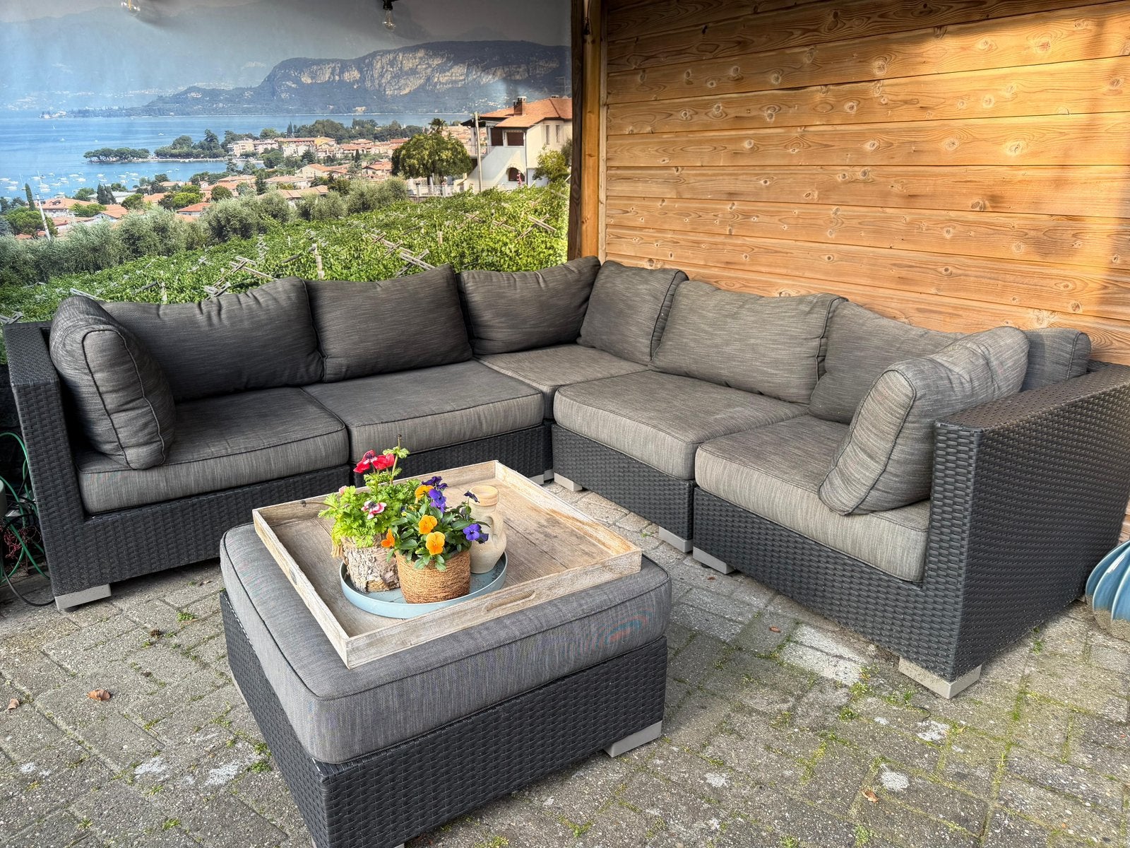Antraciet loungeset hoekbank incl hocker en dikke kussens, Ophalen, Gebruikt, 6 zitplaatsen, Hocker