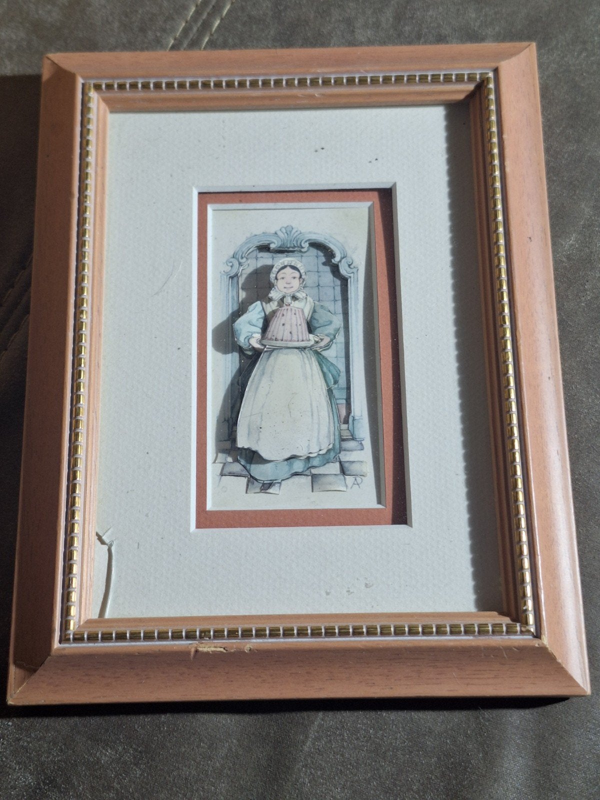 Vintage ingelijste 3D-afbeelding van een dame met taart, Ophalen of Verzenden