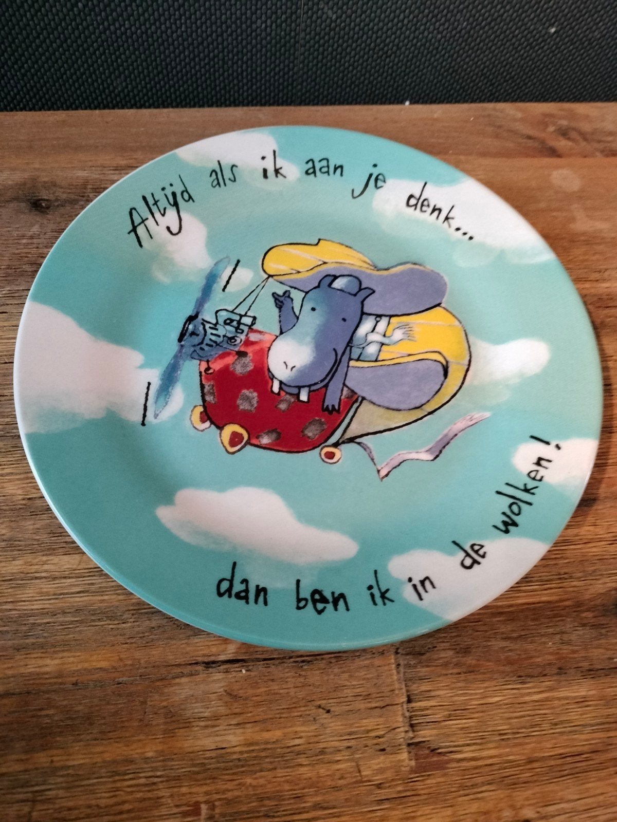 Douwe Egberts ontbijtbordje met nijlpaard en tekst, Gebruikt, Overige merken, Keramiek, Ophalen of Verzenden