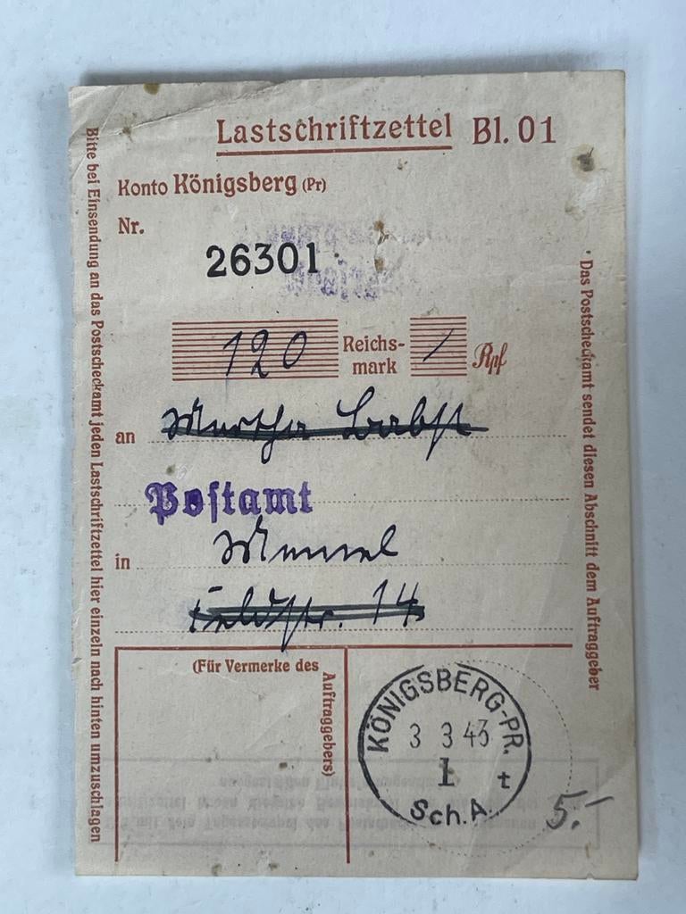 WO2  Königsberg (Pr) 120 Reichsmark overschrijvingsformulier, Ophalen of Verzenden, Voor 1920, Overige typen