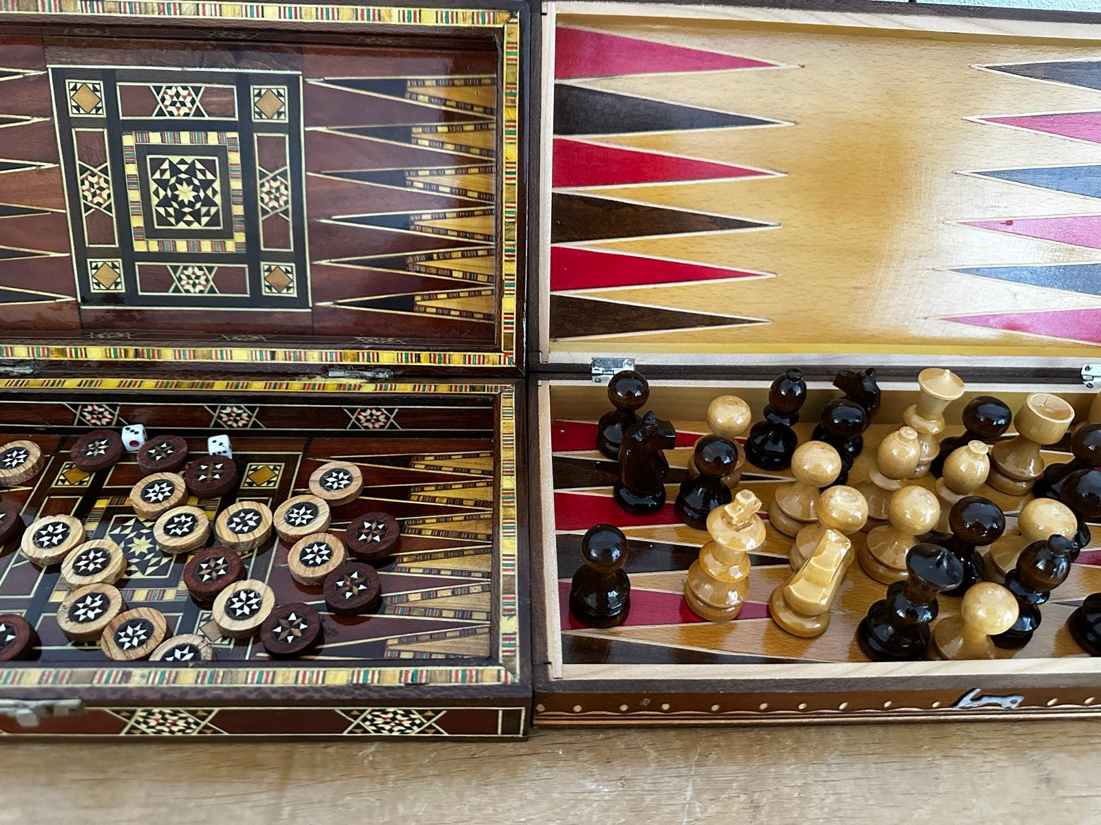 Handgemaakt Schaak- en Backgammon Reisspel, Een of twee spelers, Ophalen, Zo goed als nieuw, Reisspel