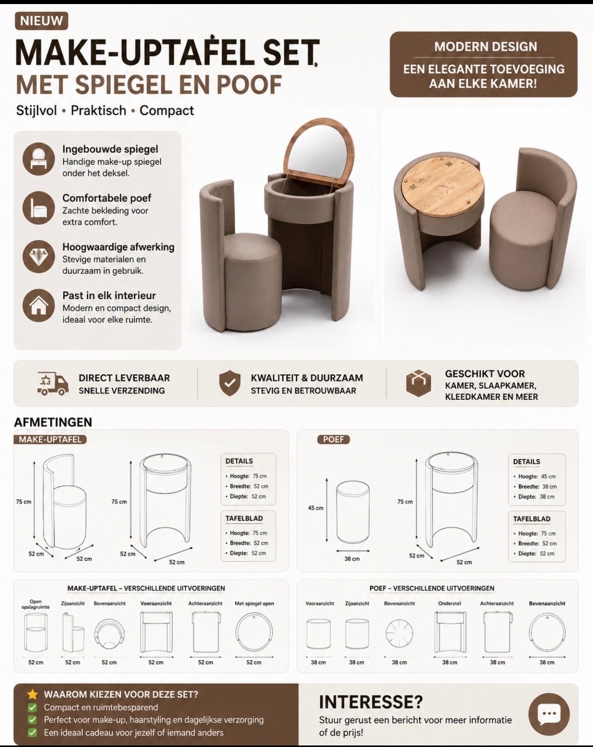 Moderne make-uptafelset met spiegel en poef - Groothandel, Overige materialen, Minder dan 50 cm, Nieuw, Ophalen of Verzenden