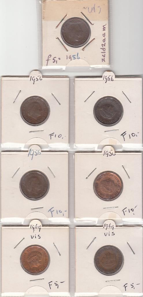 Nederland 5 cent 1956 visje (5x) en 1969 visje (2x), Postzegels en Munten, Ophalen of Verzenden, Koningin Juliana, 5 cent, Setje