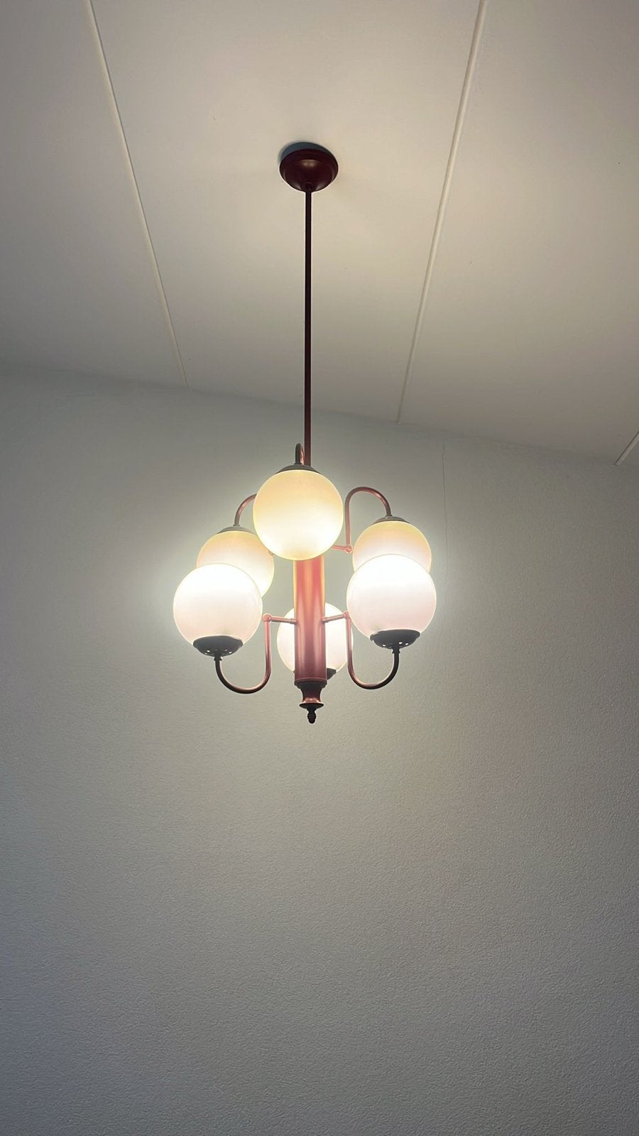 Bordeaux rode hanglamp met 5 bollampen, Ophalen, Gebruikt, Metaal, E27 (groot)