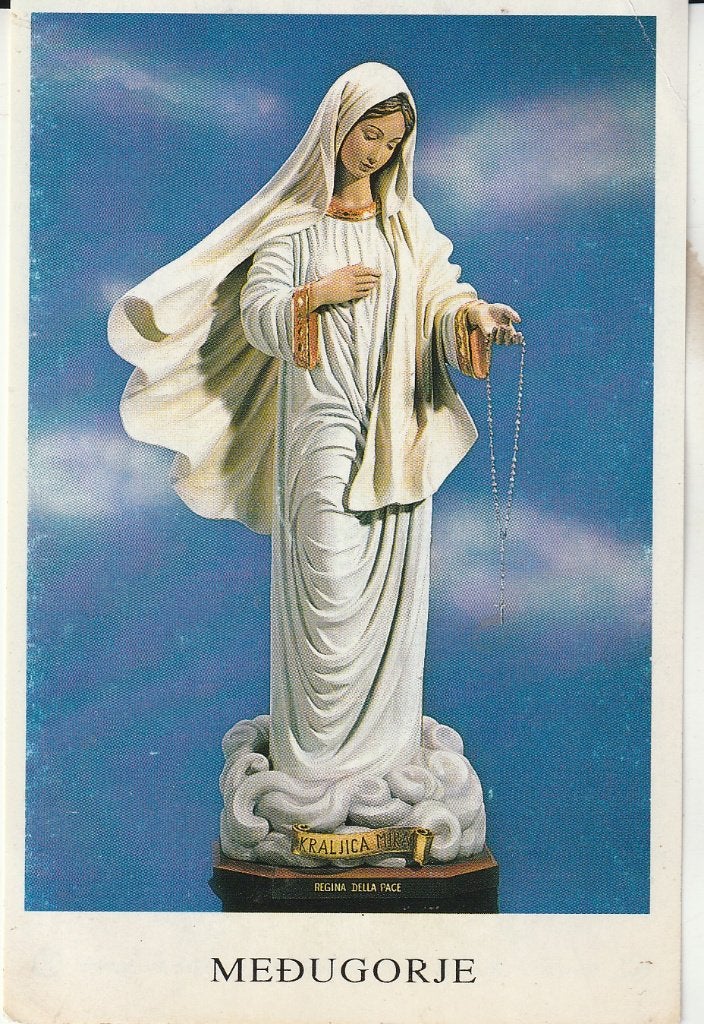 Prent Medjugorje - Beeld Maria Koningin van Vrede, Ophalen of Verzenden, Gebruikt, Kaart of Prent, Christendom | Katholiek