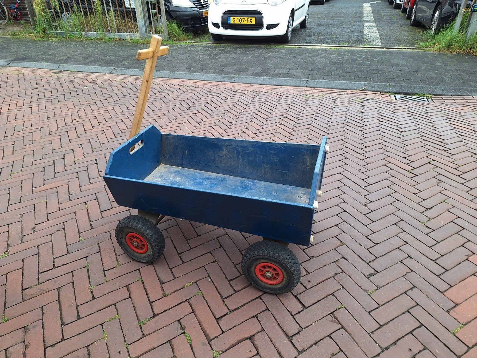 Blauwe houten bolderkar GRATIS AFHALEN, Ophalen, Gebruikt, Duwvoertuig