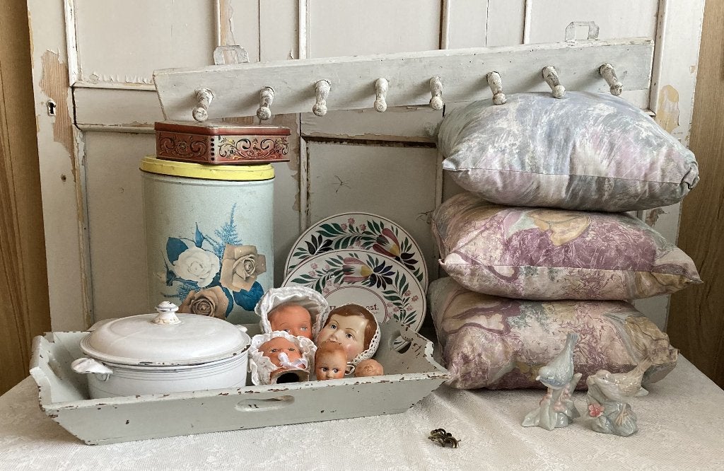 Brocante emaille pannetje - oude blikken - 4 kussen - vogel, Antiek en Kunst, Ophalen of Verzenden