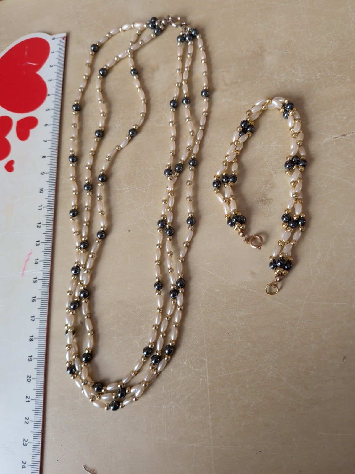 Vintage Ketting en Armband Set - Parel en Goudkleurig, Ophalen of Verzenden, Gebruikt, Wit, Overige materialen