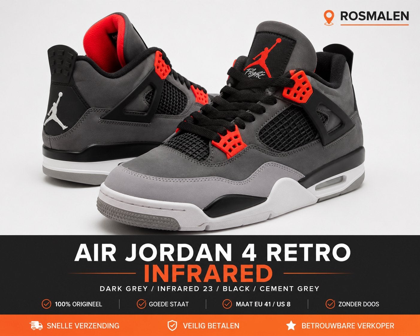 Nike Air Jordan 4 Retro Infrared Sneakers | Size EU 41 -US 8, Kleding | Heren, Schoenen, Zo goed als nieuw, Sneakers of Gympen