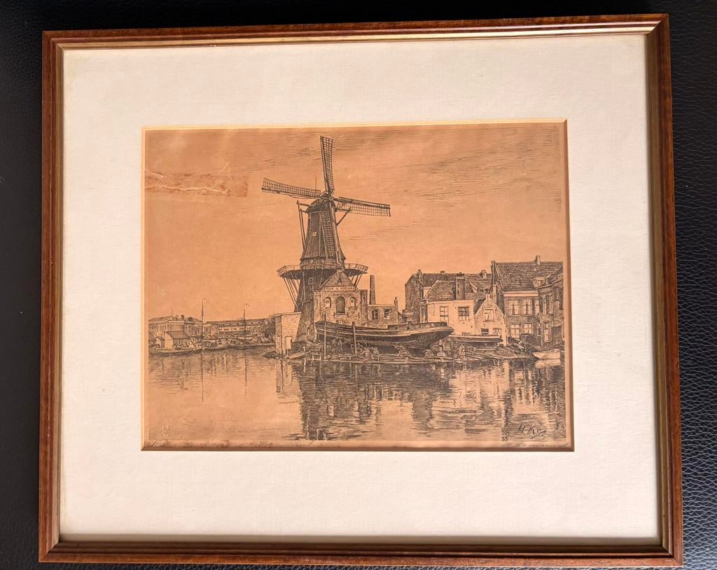 Ets molen De Adriaan Haarlem Hugo Karreman, Antiek en Kunst, Kunst | Etsen en Gravures, Ophalen of Verzenden