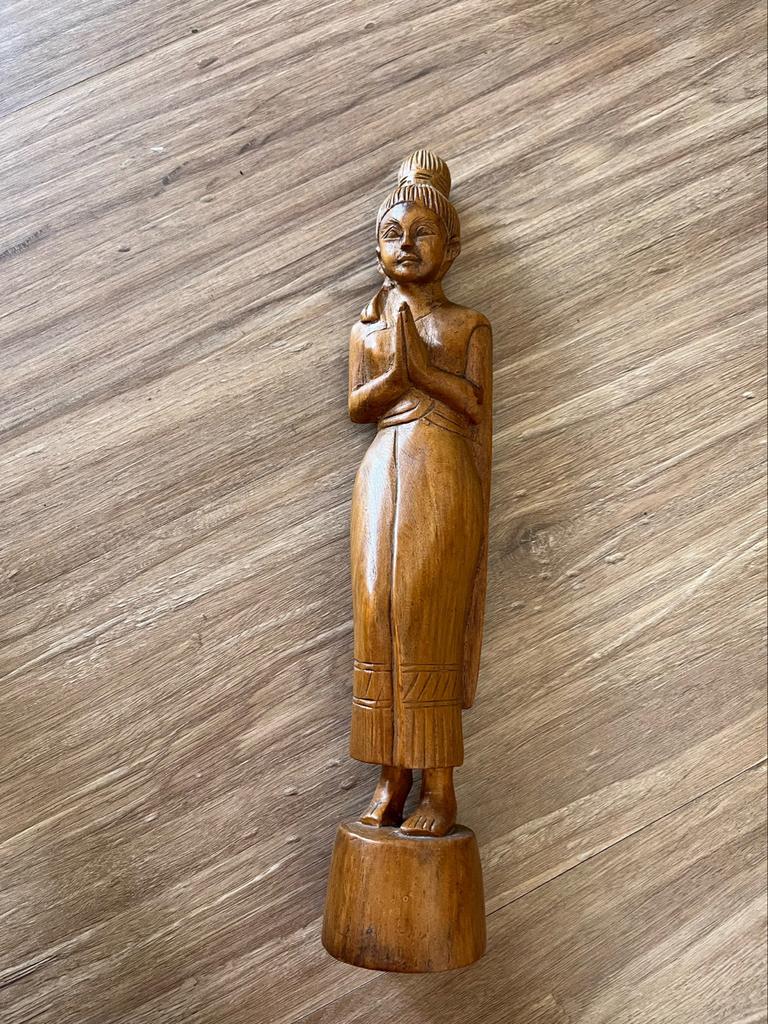 Vintage Teakhouten Beeld van Vrouw uit Thailand, Ophalen of Verzenden