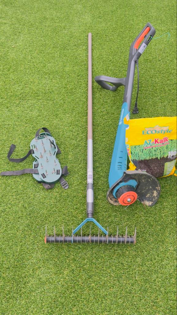 Tuinonderhoud Set: Gardena, Trimmer, hark Mest & Kalk, Tuin en Terras, Ophalen, Gebruikt