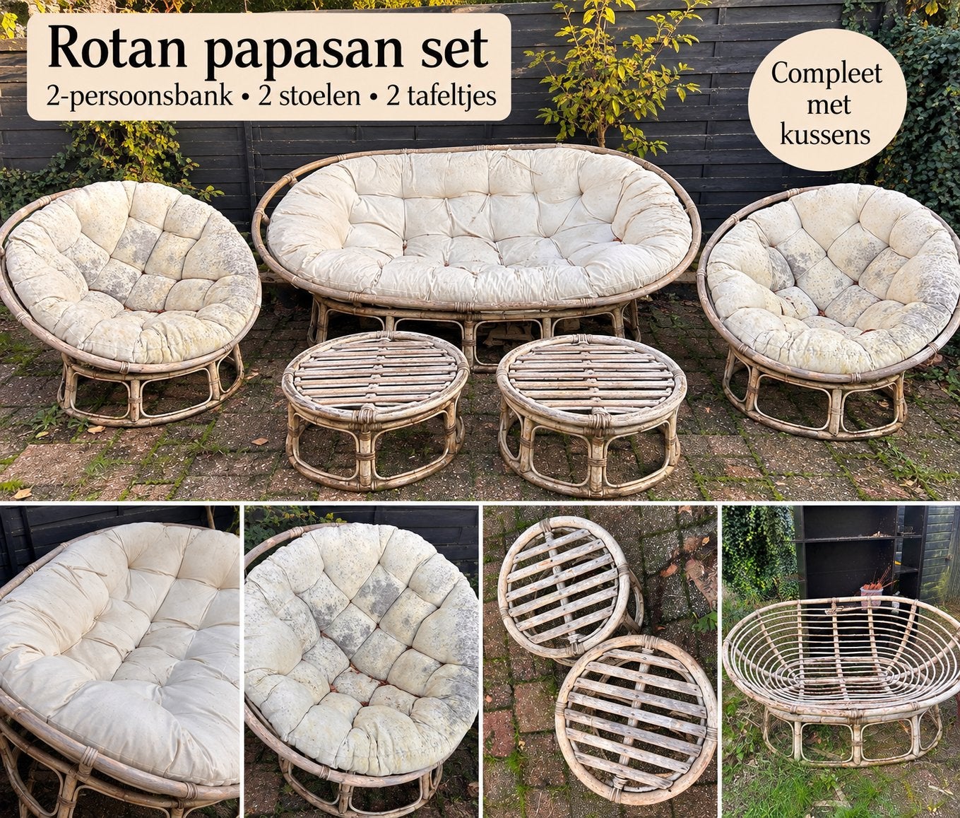 Rotan Papasan Loungeset - 2-persoonsbank, 2 stoelen, 2 tafel, Ophalen, 4 zitplaatsen, Gebruikt, Rotan