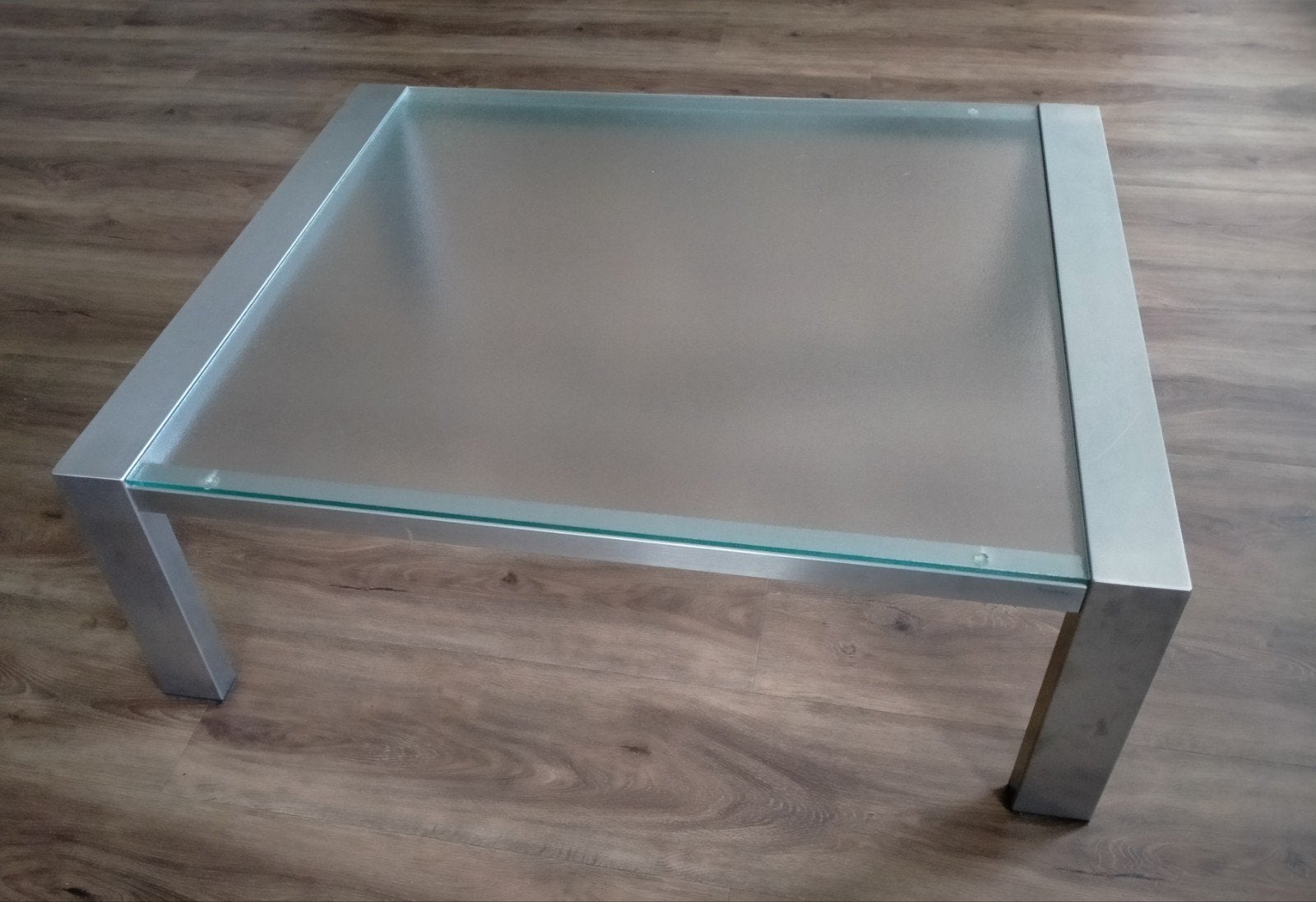 Salontafel, glazen blad + RVS poten. Merk Bony Design, Ophalen, 100 tot 150 cm, 50 tot 100 cm, Minder dan 50 cm