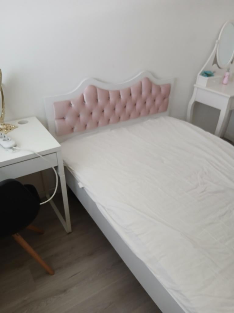 Net meiden bed  met fluwelen  hoofdbord, Ophalen, Prinses, Wit, Tweepersoons