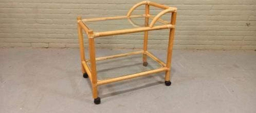 Vintage Boho bamboe en glas trolley barcart serveerwagen, Huis en Inrichting, Woonaccessoires | Overige, Gebruikt, Ophalen