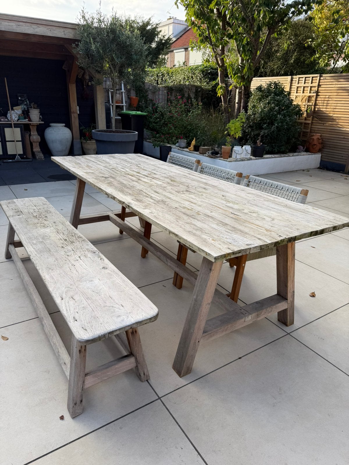Tafel met bank en 3 stoelen, Ophalen, Zo goed als nieuw, Teakhout, Bank