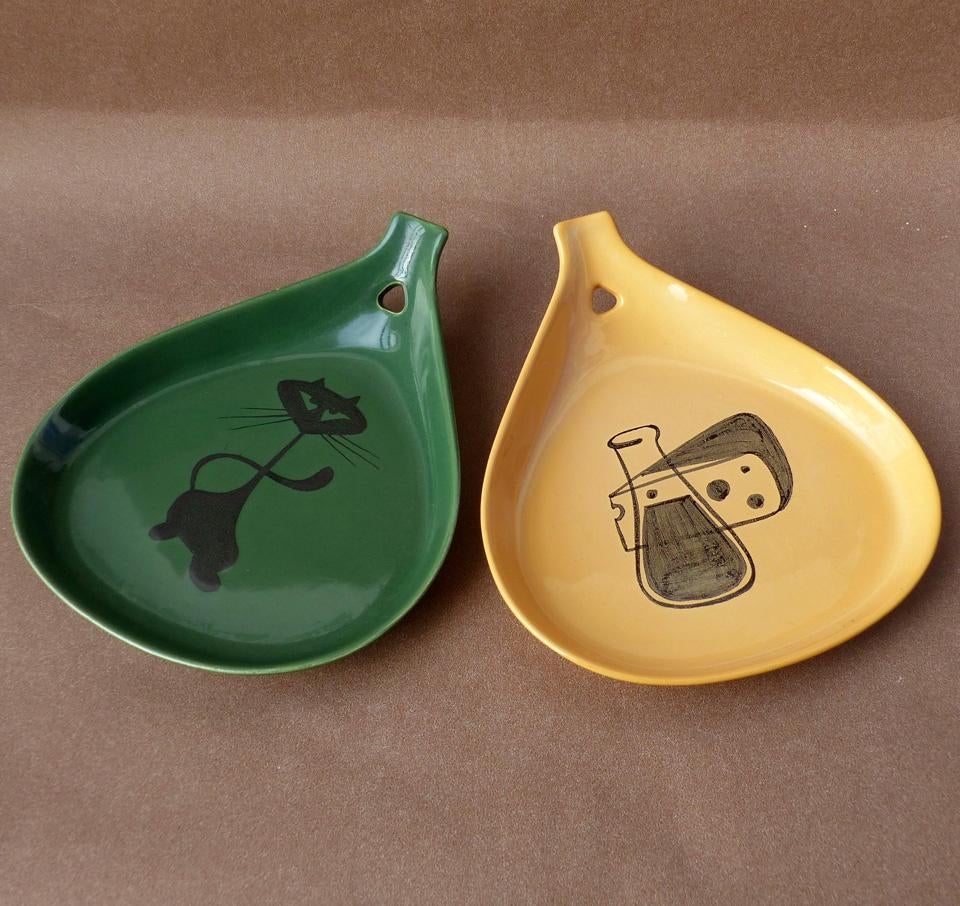 Jaren '60 vintage schalen set schaaltjes kat culinair print, Gebruikt, Ophalen of Verzenden, Schaal of Schalen, Overige stijlen