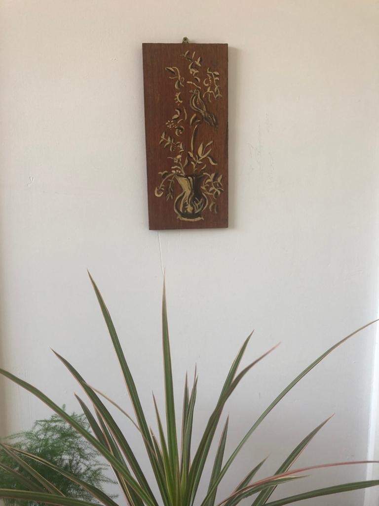 Vintage Houten Wanddecoratie met Vogel en Vaas, Ophalen of Verzenden