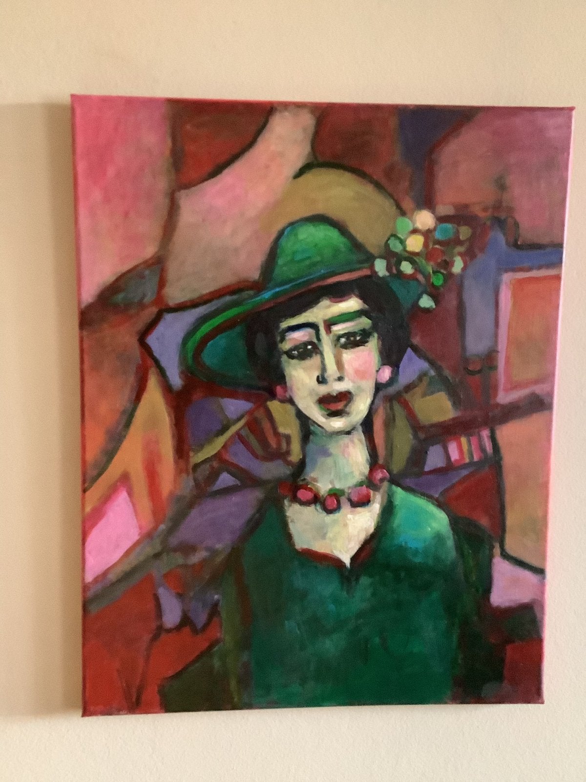 Op doek, vrouw met hoed, gesigneerd, 40/50 c.m., Acrylverf, Ophalen of Verzenden, Gesigneerd, Overige materialen