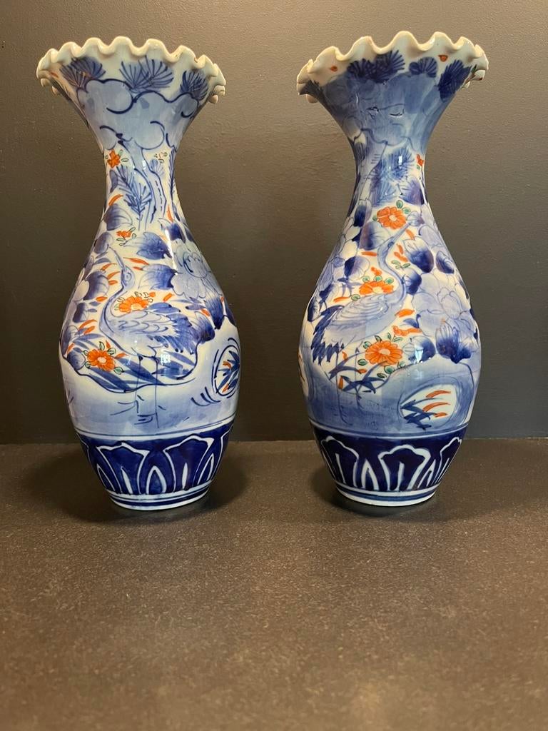 Japans porselein imari kraanvogel vazen Meiji-periode, Ophalen of Verzenden