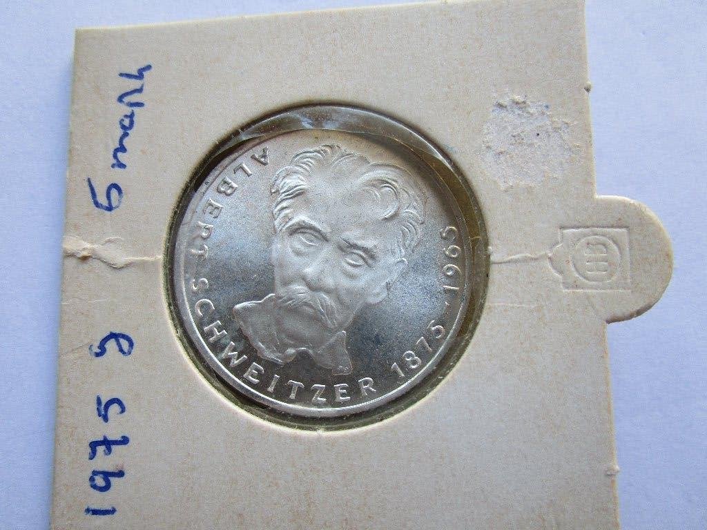 5 mark munt 0,625 zilver 1975 G - Albert Schweitzer, Verzenden, Duitsland, Losse munt, Zilver