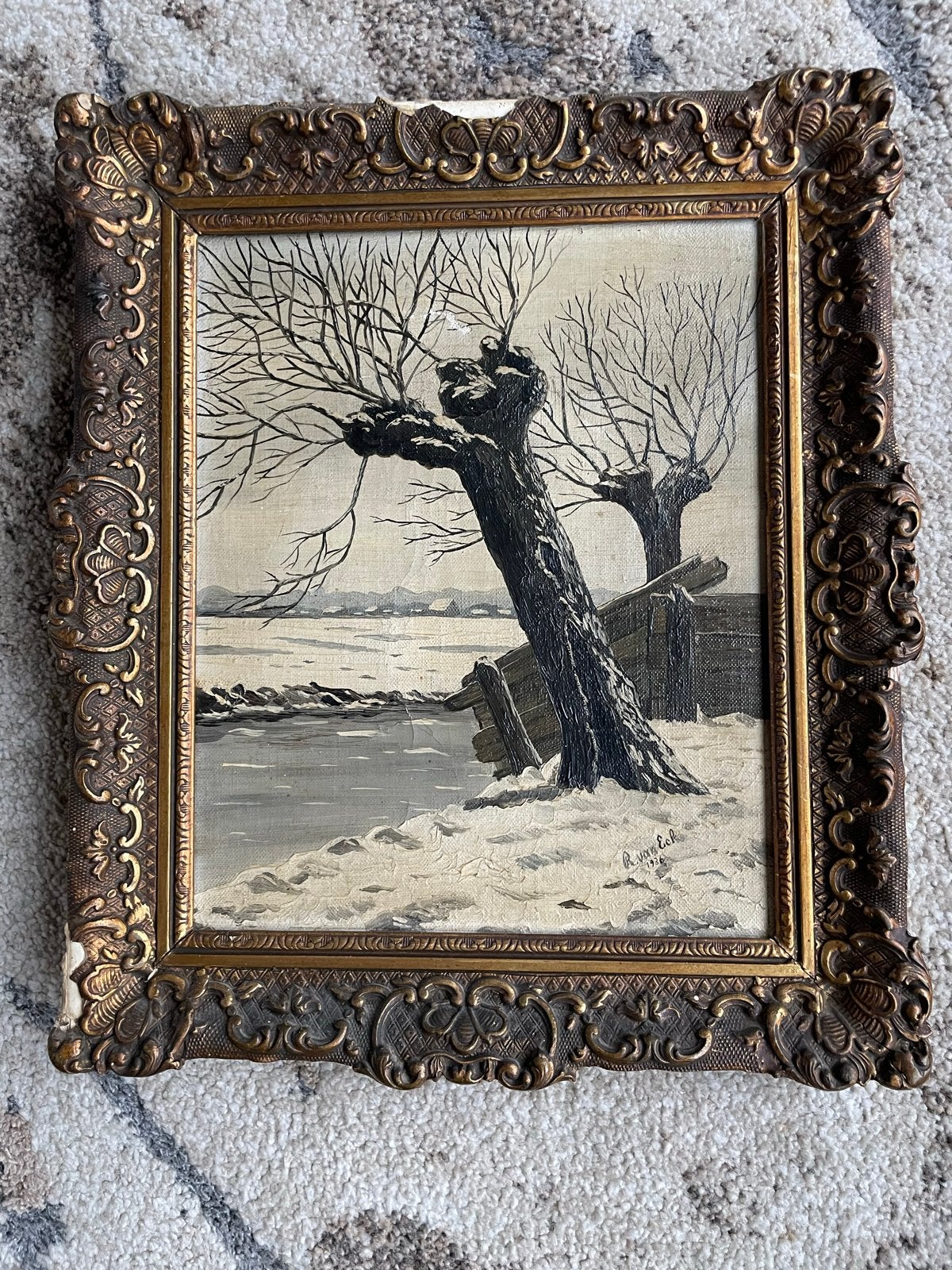 Winterlandschap met knotwilgen - gesigneerd R. van Eck 1936, Antiek en Kunst, Gedateerd, Doek, Ophalen of Verzenden, Landschap