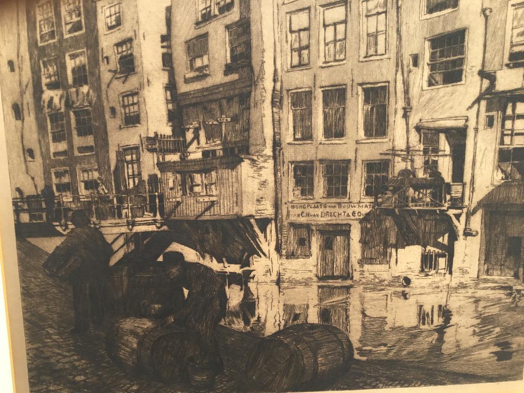 Ets Achterburgwal Pol Dom 1909, 30 cm, Ets, Stadsgezicht, Gesigneerd