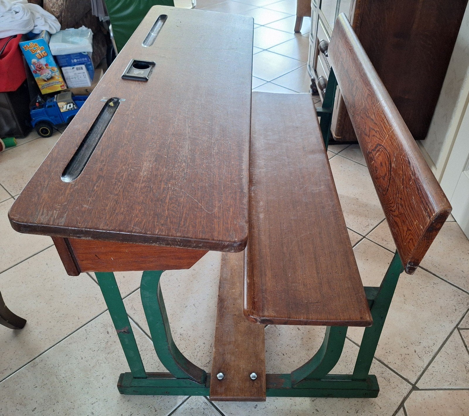 Authentiek vintage 2 persoons schoolbankje, Ophalen
