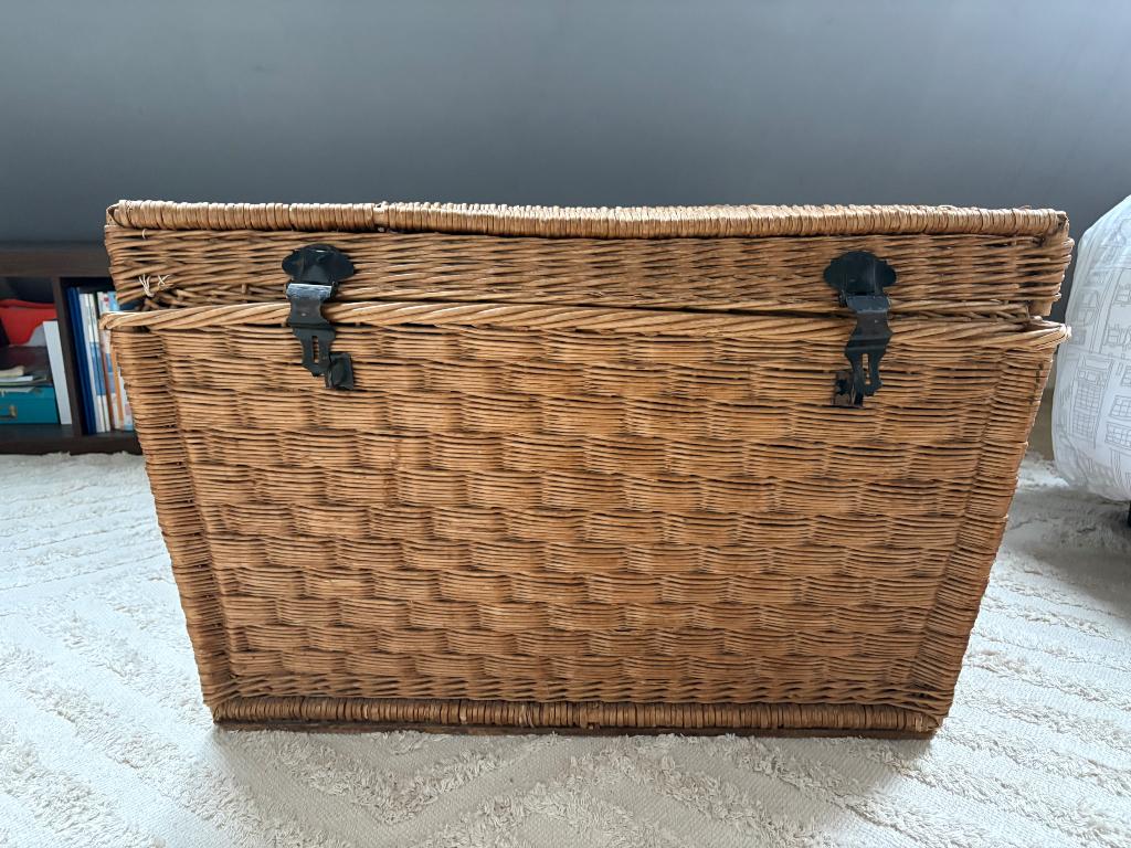 Vintage rieten dekenkist, Huis en Inrichting, Woonaccessoires | Kisten, Ophalen, Overige materialen, Gebruikt, 50 tot 100 cm