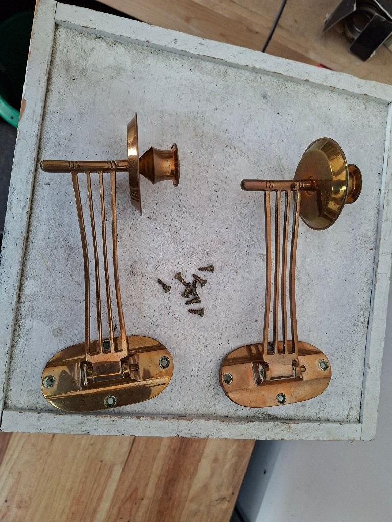 antieke set van 2 messing wand kandelaars, Ophalen of Verzenden, Koper of Brons