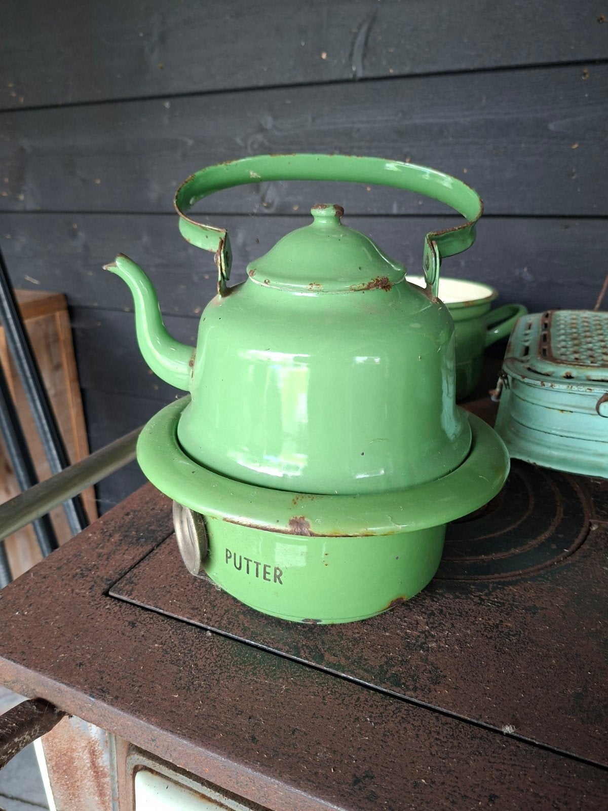 Vintage Groene Emaille Waterketel - Putter, Ophalen of Verzenden