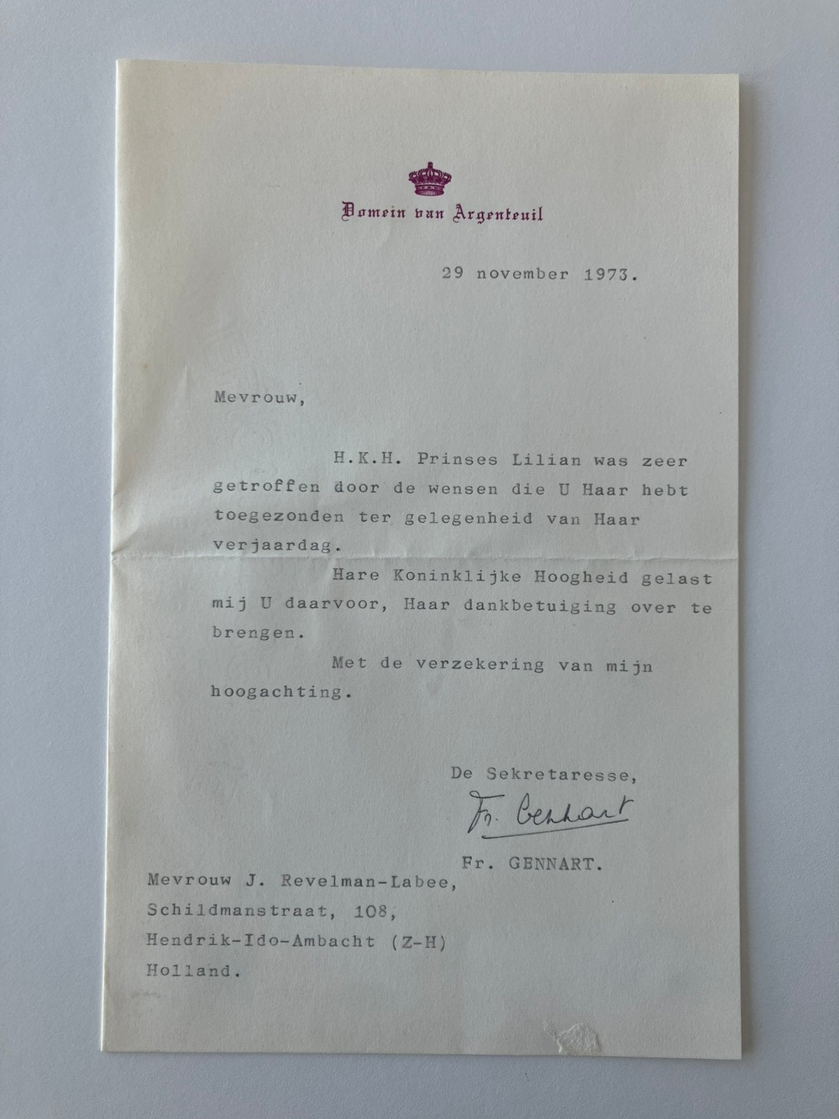 1973 Verjaardag Prinses Lilian Baels 2e vrouw Koning Leopold, Verzenden, Gebruikt, Kaart, Foto of Prent