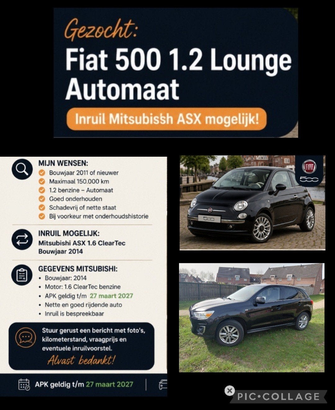 GEZOCHT!! FIAT 500 1.2 AUTOMAAT, Auto diversen, Ophalen