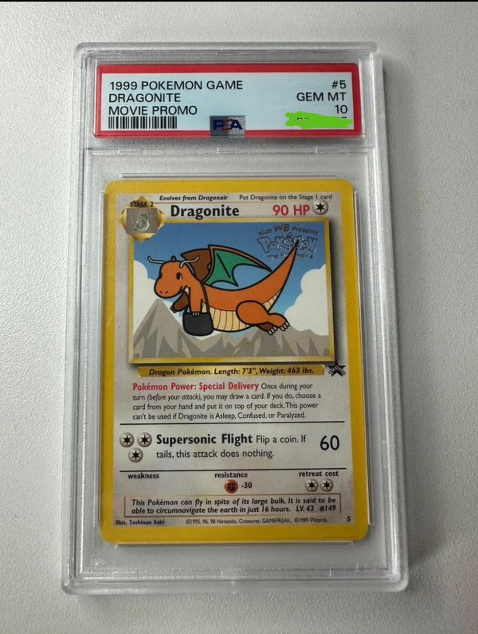 PSA 10 Gem Mint - 1999 Pokémon Dragonite Movie Promo #5, Ophalen, Zo goed als nieuw, Losse kaart, Foil