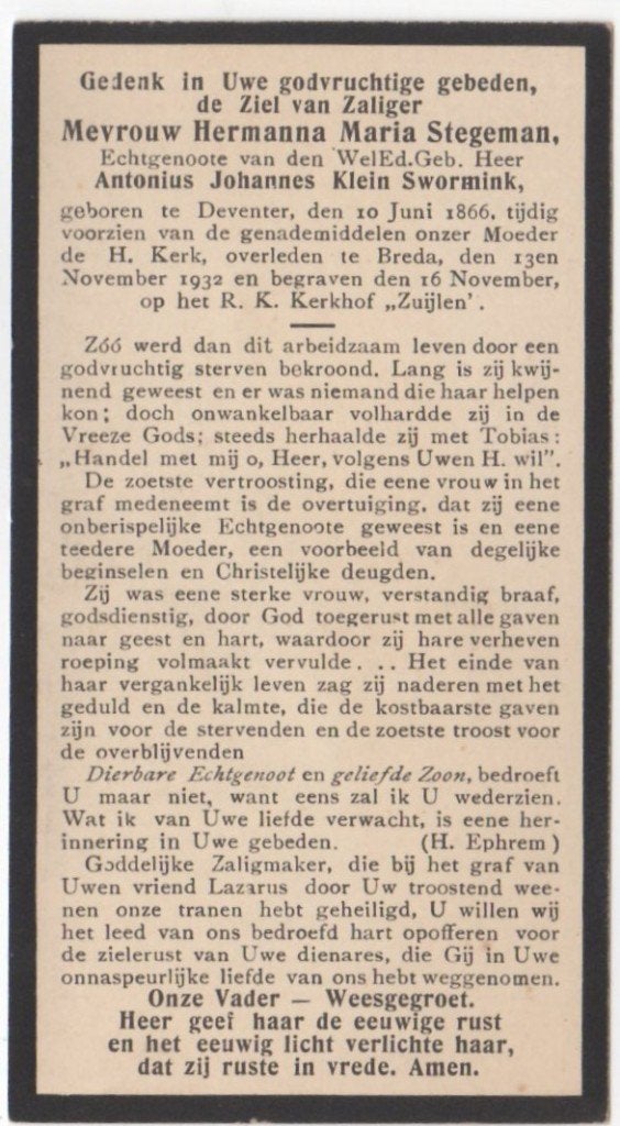 Hermanna M. Stegeman 1866 Deventer + 1932 Breda, 66 jaar oud, Ophalen of Verzenden