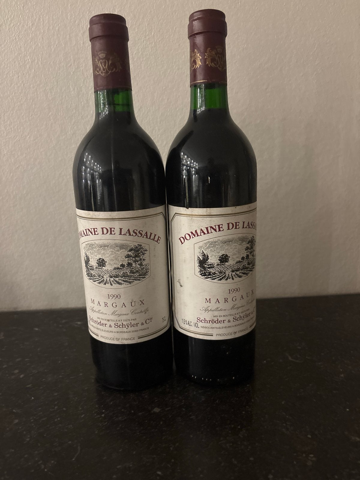 Domaine de Lassalle Margaux 1990 - 2 flessen, Verzamelen, Wijnen, Gebruikt, Frankrijk, Ophalen of Verzenden, Rode wijn
