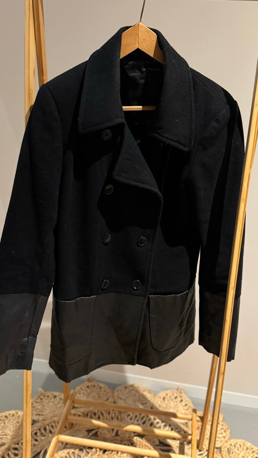 Calvin Klein Jeans Zwart Wollen Jas met Leren Details, Ophalen of Verzenden, Gedragen, Maat 46/48 (XL) of groter, Zwart