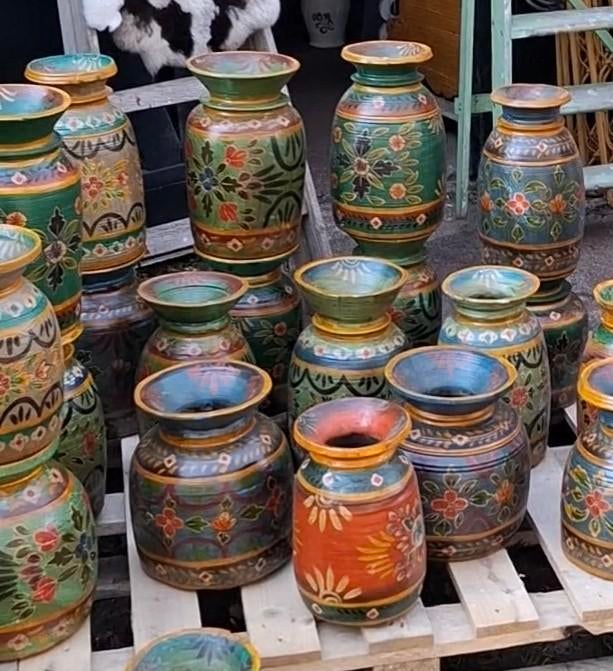 Oude houten nepalese waterkruik melkpot hand beschilderd, Ophalen of Verzenden, N, T, V