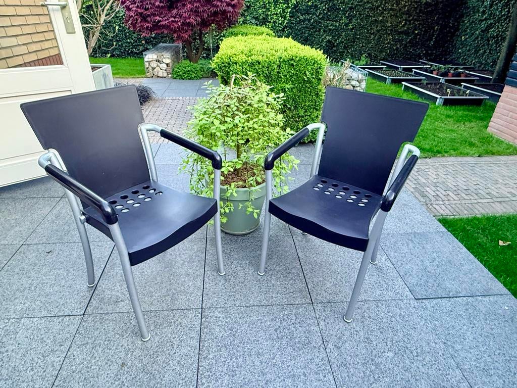 Rovergarden Tuinstoelen stapelbaar zwart/grijs - 2 stuks, Ophalen, Gebruikt, Kunststof, Stapelbaar