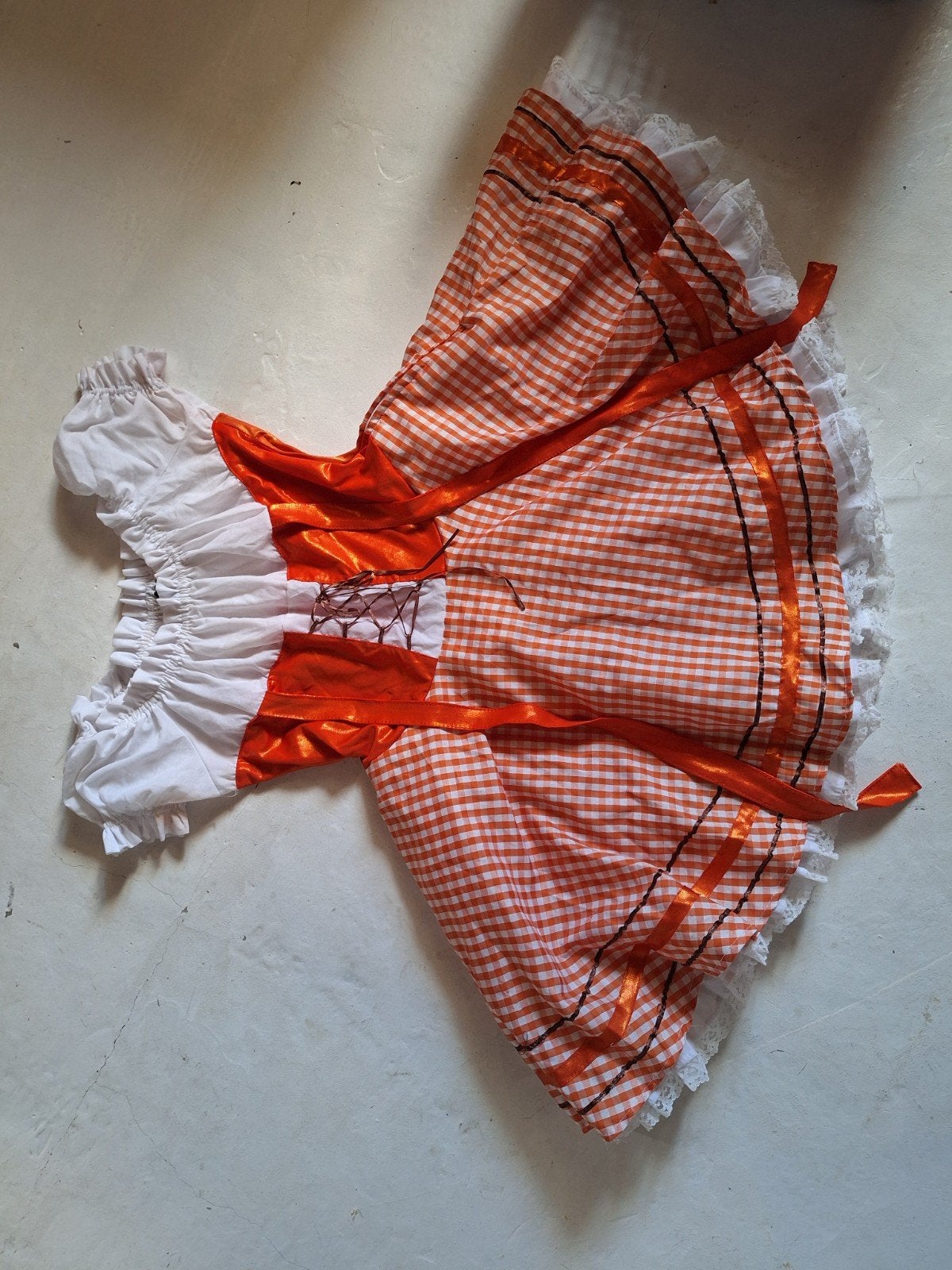 Oranje geruite jurk met kant en linten, Ophalen of Verzenden, Carnaval