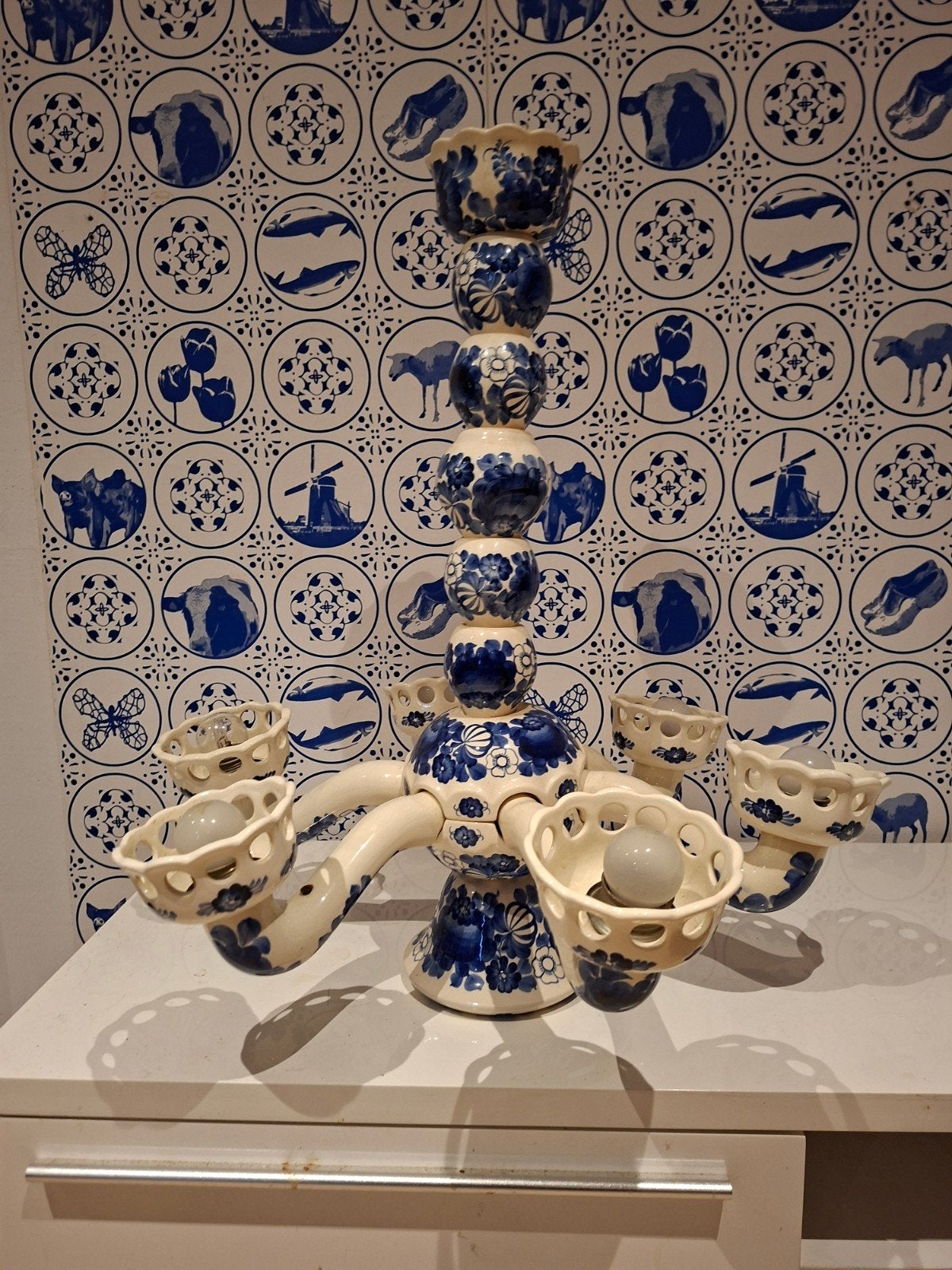 Zware Porseleinen Delfts Blauwe Hanglamp met 6 Armen, Ophalen of Verzenden
