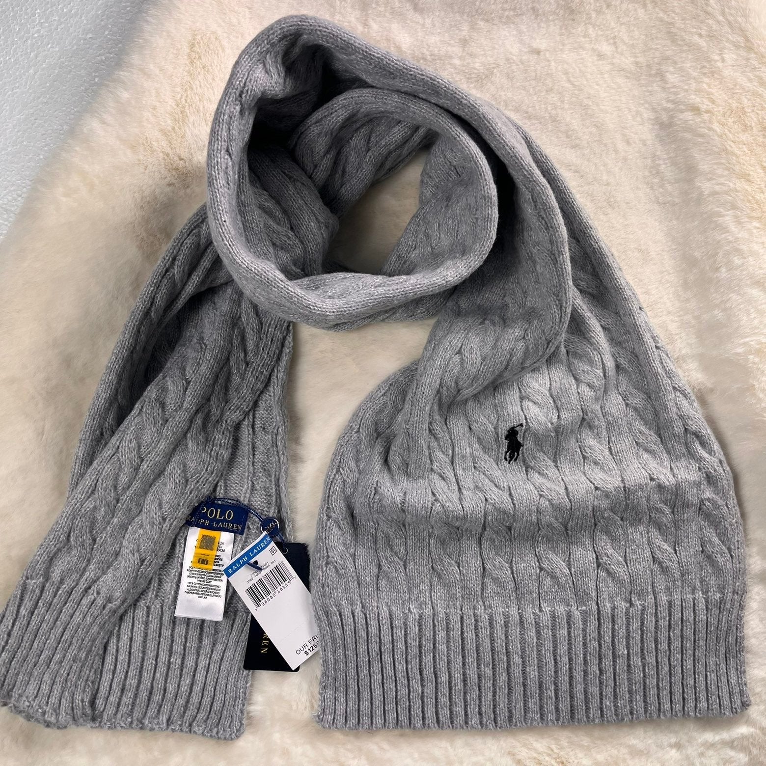 Ralph Lauren Grijs Unisex Kabelgebreide Sjaal Old Money, Ophalen of Verzenden, Nieuw, Maat 46/48 (XL) of groter, Sjaal