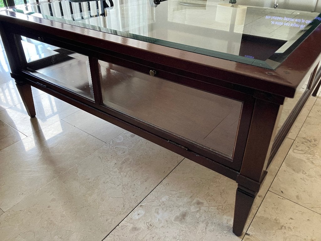 Salontafel geslepen glas kersenhout, Ophalen, 50 – 75, Gebruikt, Vierkant