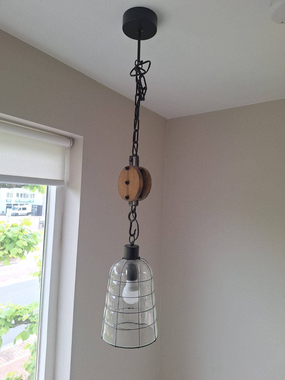 Stoere industriële hanglamp met katrol voor hal, Ophalen, Gebruikt, E27 (groot), Glas
