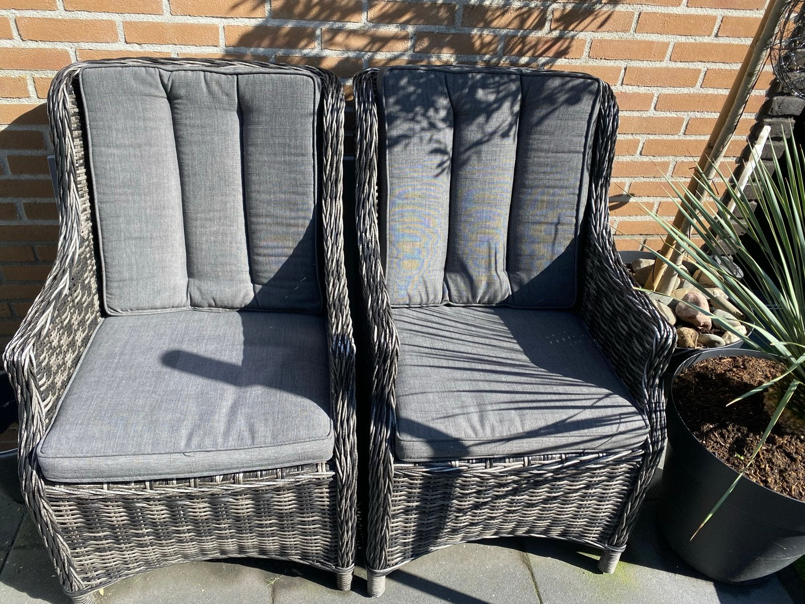 2 Wicker tuinstoelen met kussens, Ophalen, Gebruikt, Wicker